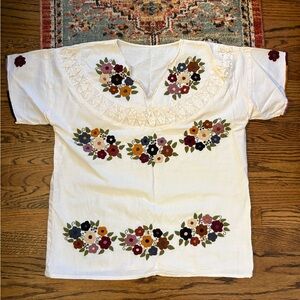 Hand Floral Embroidered bohemian Mexican cream Top blouse